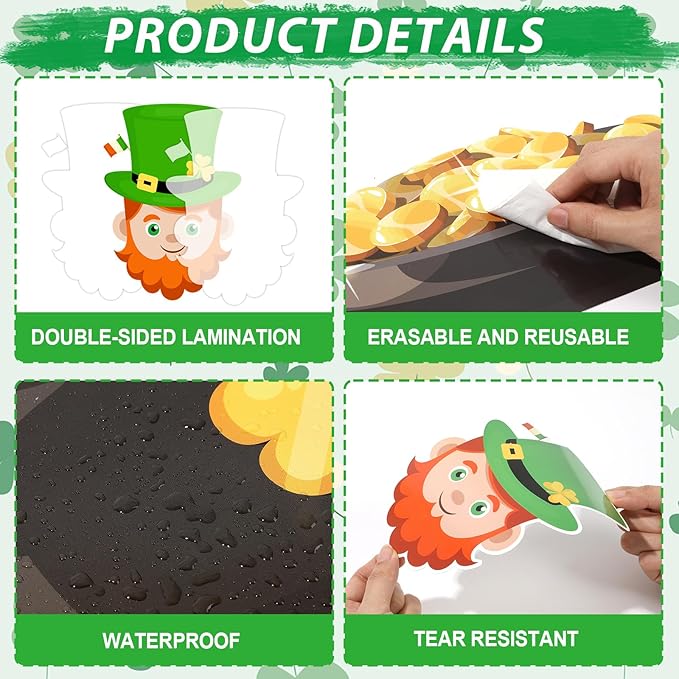 St. Patrick's Day Bulletin Board Set 3D Rainbow Gold Coin Classroom Decoration Leprechaun Bulletin Board Clover DIY Craft Photos Cutouts for Irish Holiday Home Classroom Nursery Chalkboard Wall Decor
