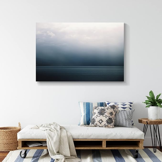 Large Canvas Wall Art Modern Abstract Art Paintings Green Mountains Blue Sea Under the Grey Sky Scenery Framed Artwork Pictures for Living Room Bedroom Hallway Wall Decor 48x32in