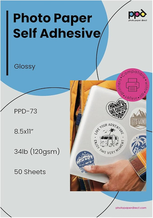 PPD Premium Printable Sticker Paper for Inkjet Printer - 50 Sheets Photo Quality Paper 8.5 x 11 - Self-Adhesive and Instant Dry - PPD-73-50