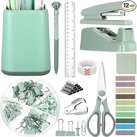 Marspark 12 Pcs Sage Green Office Supplies Desk Accessories Set Pen Holder Tape Dispenser Stapler Staple Remover Staples Tape Ruler Scissor Pen Sticky Note Index Tab Clips Set for Office School Home