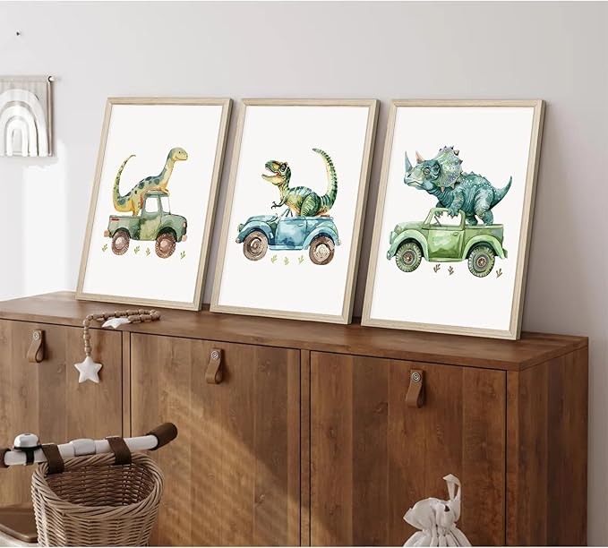 Dinosaur Nursery Wall Art Kids Canvas Poster Baby Boy Nursery Wall Decor Green Dino Pictures Toddler Prints Cartoon Dino Car Painting Boys Room Artwork for Bedroom Bathroom 16x24x3 Inch White Framed
