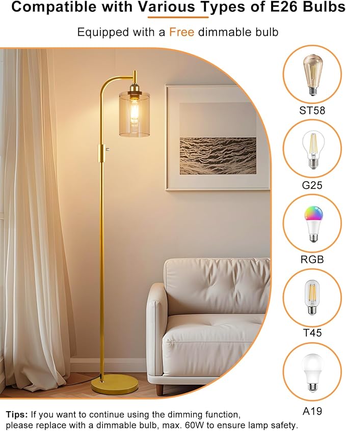 Lightdot 63IN Glass Floor Lamp for Living Room, Dimmable Gold Floor Lamps with Clear Glass Shade, Mid Century Modern Standing Lamps with Bulb Included for Bedroom/Sofa Beside/Corner Decor-Gold