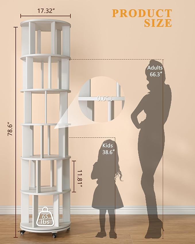 Rotating Bookshelf, 6 Tier Solid Wood Bookshelf Tower with Lockable Wheels, 360° Spinning Revolving Bookcase for Small Spaces, Corners, Bedroom, Kids Room, Home Office, White