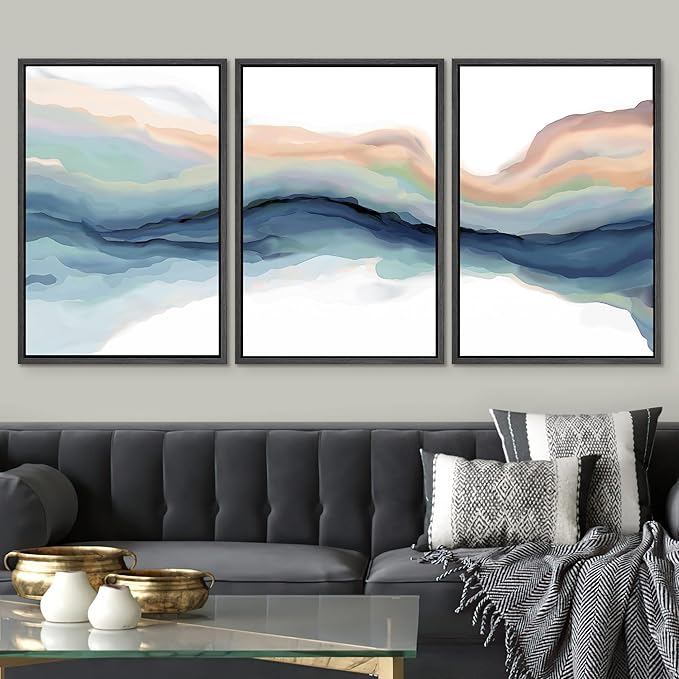 SIGNWIN Framed Canvas Print Wall Art Set Pastel Watercolor Teal Brown Paint Stroke Landscape Abstract Shapes Illustrations Modern Art Decorative for Living Room, Bedroom, Office - 24"x36"x3 Black