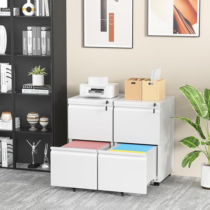2 Drawer Mobile File Cabinet, Metal Rolling Filing Cabinet with Lock for Home Office, Under Desk Small Cabinet with Wheels Fit A4/ Legal/Letter, White