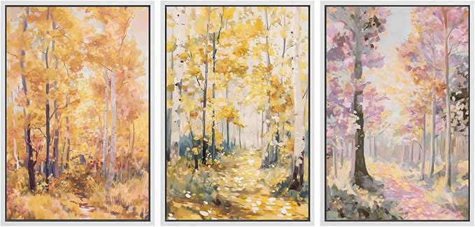 SIGNWIN Framed Canvas Print Wall Art Set Golden Autumn Forest Watercolor Woodland Path Illustrations Modern Art Decorative Abstract for Living Room, Bedroom, Office - 16"x24"x3 White