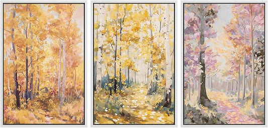 SIGNWIN Framed Canvas Print Wall Art Set Golden Autumn Forest Watercolor Woodland Path Illustrations Modern Art Decorative Abstract for Living Room, Bedroom, Office - 16"x24"x3 White