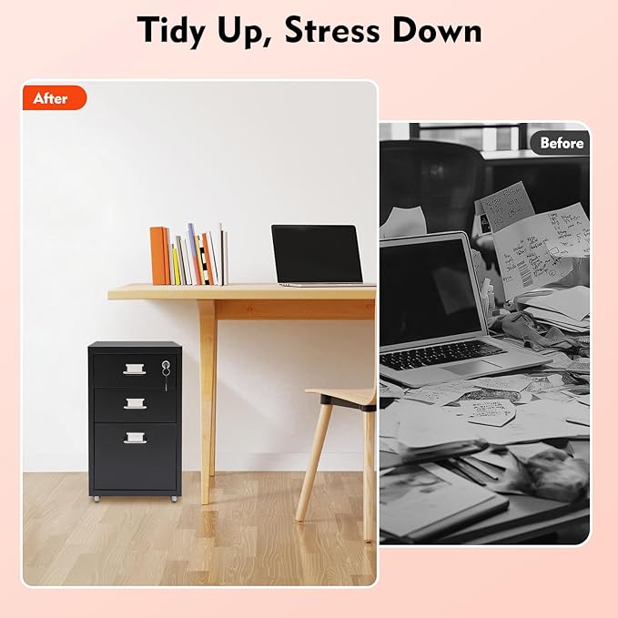 3-Drawer Metal File Cabinet, Mobile File Cabinet with Lock, Rolling Vertical Filing Drawers Under Desk for Home Office, 11 * 16 * 18.3in (Black)