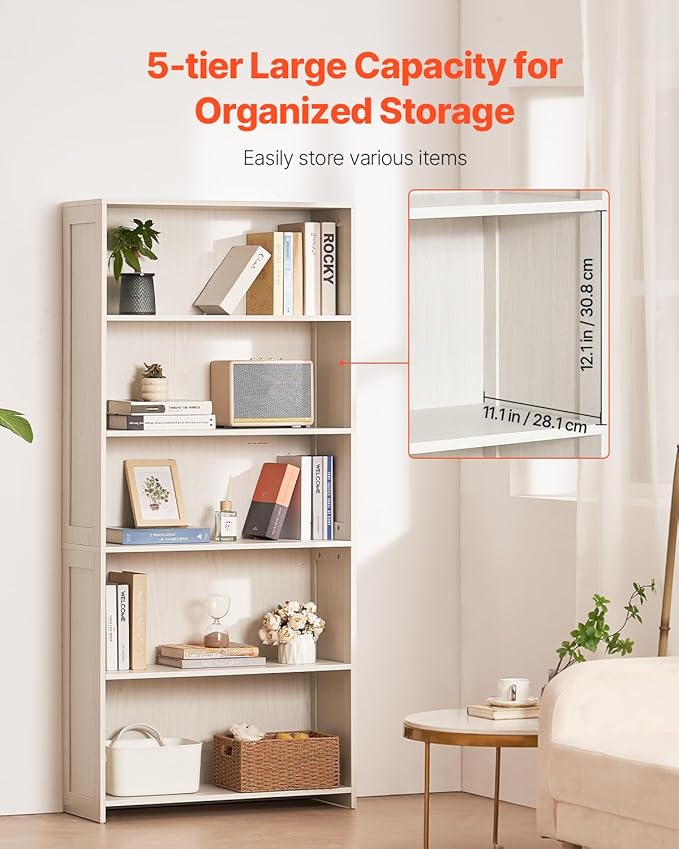 VEVOR 5 Tiers Wide Bookshelf, 68 in Wooden Open Bookcase with Display Storage Organizer Shelf, Freestanding Tall Display Floor Bookcase Bookshelf for Library, Bedroom, Living Room, Office, White