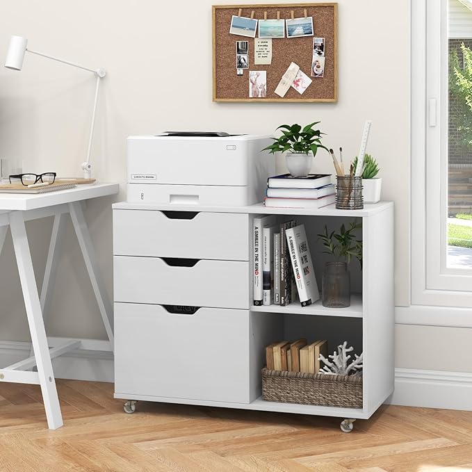 Giantex 3 Drawer File Cabinet, Office Storage Cabinet Fits Files Letter, A4, Legal Size, Rolling Printer Stand with Adjustable Shelf, Office Organization and Storage, Lateral Filing Cabinet (White)