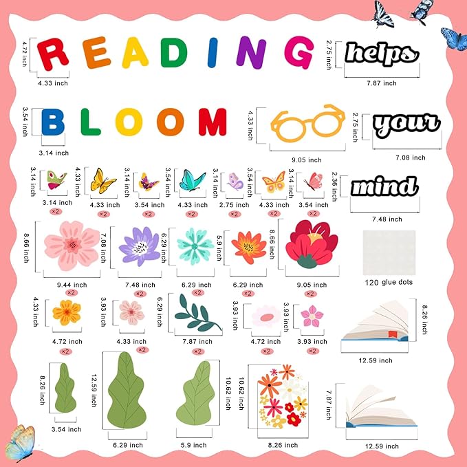 LioNergy Reading Classroom Bulletin Board Set Reading Helps Your Mind Bloom Bulletin Board Decoration Flower Butterfly Cutouts Wall Door Décor for Kindergarten Preschool Elementary Middle School