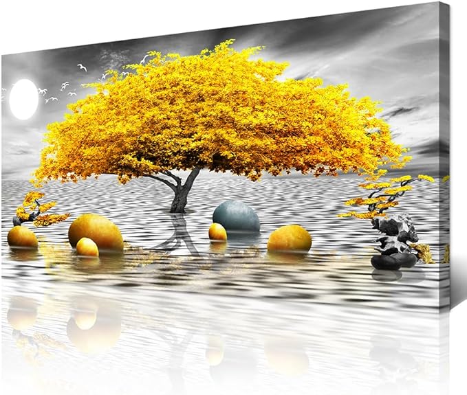 Wapluam Farmhouse Canvas Wall Art For Living Room & Office - Large Wall Decor - Black & White Wall Painting - Yellow Tree View - Framed Prints - 30"X60"