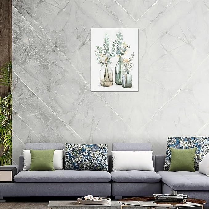 Botanical Bathroom Wall Art Rustic Green Plant Pictures Wall Decor Botanical Canvas Country Print Painting Modern Decoration Artwork for Bathroom Living Room Bedroom Office Framed 12"x16"