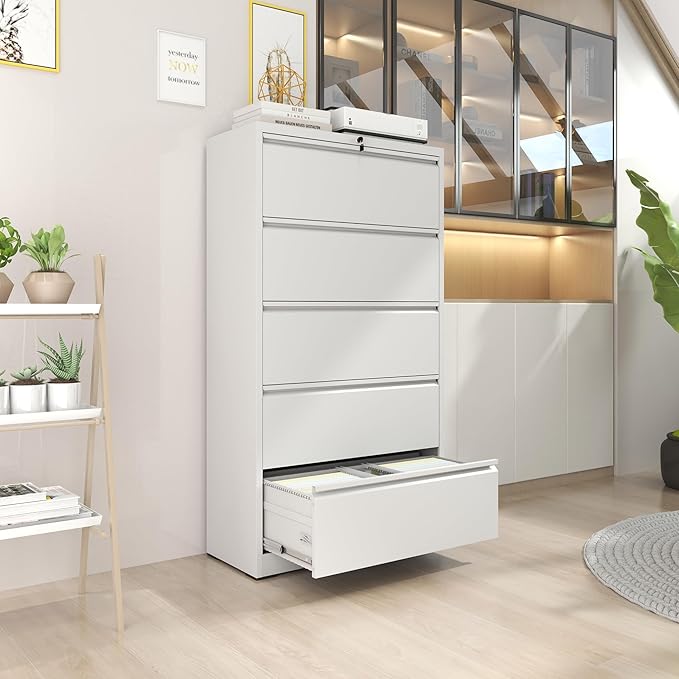 5 Drawer File Cabinet,Metal Lateral Filing Cabinet with Lock,Home Office Storage Organizer Cabinet for Legal/Letter/A4/F4 Size Files,35.5" W,White