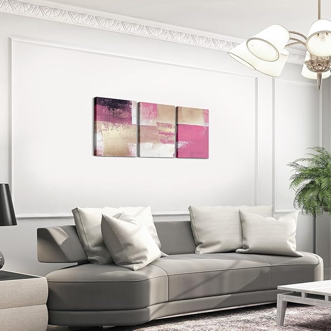jejeloiu 12"x16"x3pcs Abstract Oil Painting Office Decorations Artwork Posters Abstract Art 3 Piece Canvas Wall Art for Living Room Bedroom Pink Modern Picture Wall Decor