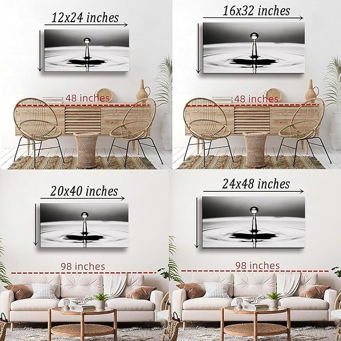 Black White Water Drop Framed Canvas Wall Art for Bedroom, Minimalist Wall Decor 48" L x 24" W