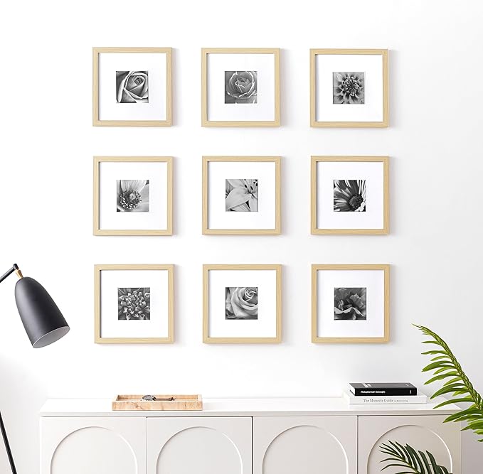eletecpro 10x10 Picture Frames Set of 9 with Mat for 5x5 Photos or without Mat for 10x10, Square Gallery Wall Decor Collage for Picture Display, Natural Frame Set for Wall Hanging
