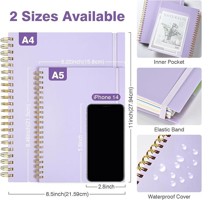 5 Subject Notebooks College Ruled, Spiral Lined Notebook with Removable Dividers, 300 Pages 100GSM Thick Spiral Writing Journal for Women & Men, Large A5 Notebooks for Work, School Supplies, 6" x 8"