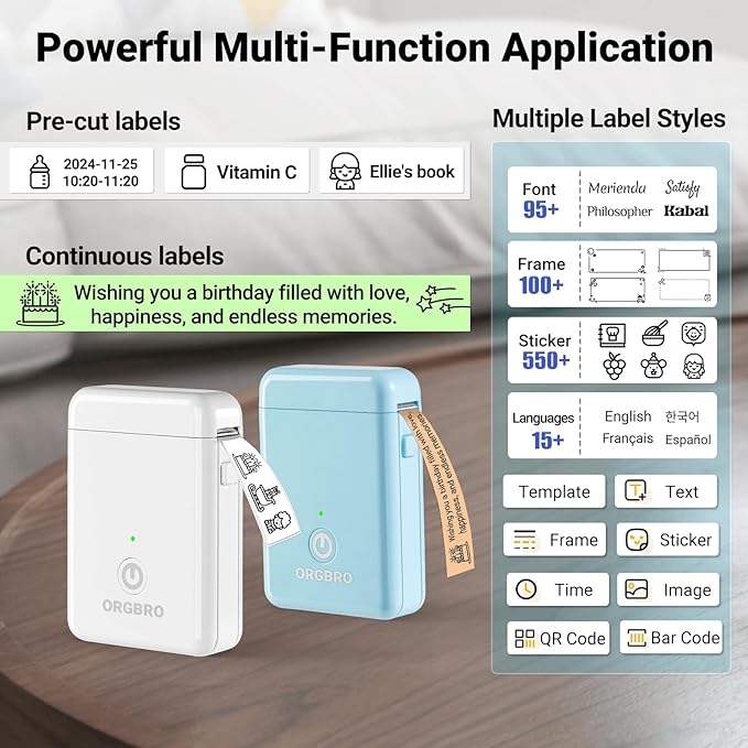 ORGBRO Label Maker Machine with Tape, X1 Portable Bluetooth Label Printer for Home Office Organization, Support Pre-Cut & Continuous Labels, Inkless Thermal Small Labeler for School Kitchen, Blue