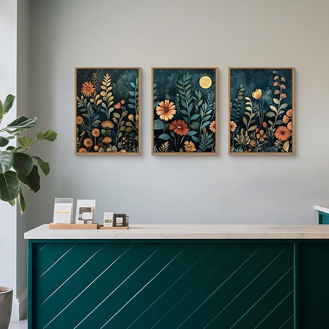 Vintage Botanical Framed Canvas Wall Art Set, Dark Floral Wall Decor, Nature Wildflower Wall Painting, Colorful Blossom Art Prints for Living Room, Bedroom, Office - 12"X16"X3