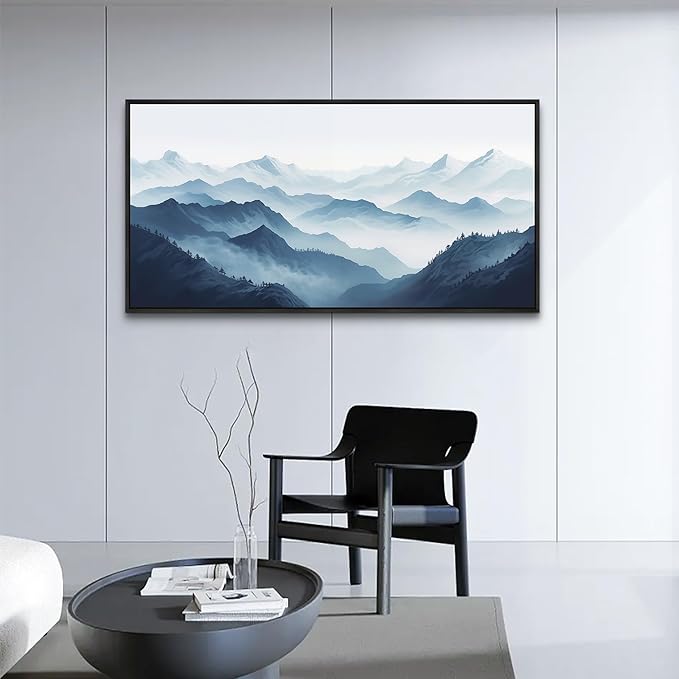 Wapluam Large Canvas Wall Art For Living Room Black Framed Wall Decor For Office Bedroom Decoration Art Black And White Grey Mountain Scenery Wall Painting View Wall Picture Hotel Room Home Artwork