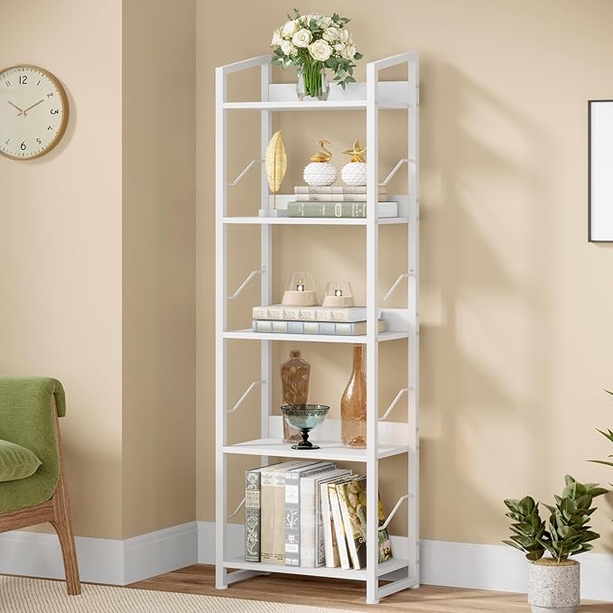 Hosfais 5 Tier Tall Bookshelf: Industrial Wood Book Shelf with Edge Protection Metal Narrow Bookshelf Bookcase Storage Organizer Display Rack for Living Room Home Office (White)