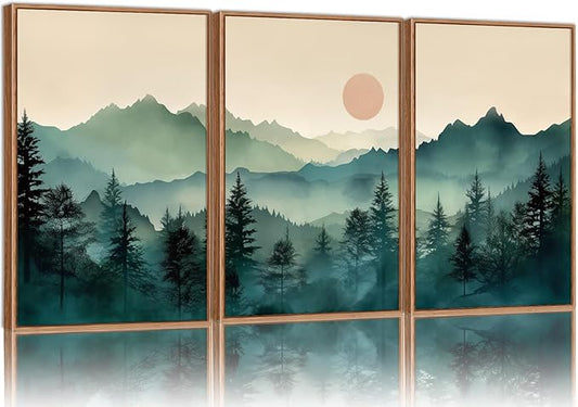 SIGNINART Large Boho Mountain Framed Canvas Wall Art Set, Nature Pine Tree Wall Painting, Abstract Foggy Forest Wall Decor, Modern Sunrise Art Prints for Bedroom Living Room and Office - 24"x36"x3