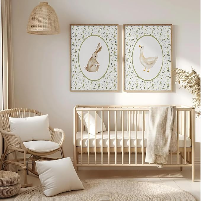 Vintage Nursery Wall Art Cute Goose Canvas Poster Bunny Wall Decor Baby Kids Poster Rabbit Duck Prints Cute Animal Pictures Pale Green Painting Artwork for Gallery Bedroom 16x24 Inch Unframed Set of 2