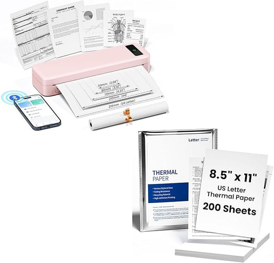 TATTMUSE Inkless Portable Thermal Printer Pink & 200 Sheets 8.5" x 11" US Letter Thermal Paper, Compatible with iPhone Android Laptop for Home Office
