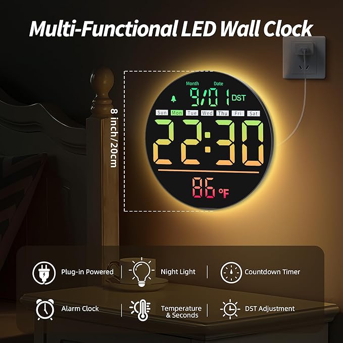 Maxstar Led Digital Wall Clock with Timer, Seconds, Temperature, Date, DST, Nightlight, RGB Color, Alarm Clock, 5-Level Display Brightness, Digital Clock Timer for Classroom, Bedroom, Garage, Gym