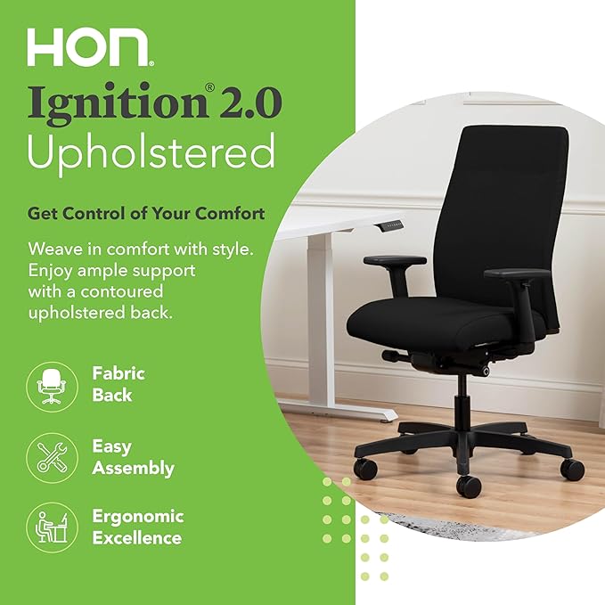 HON Ignition 2.0 Fabric Office Chair, Upholstered, Adjustable Arms, Advanced Synchro-Tilt Recline Executive Ergonomic Office Chair, Black Frame, Black
