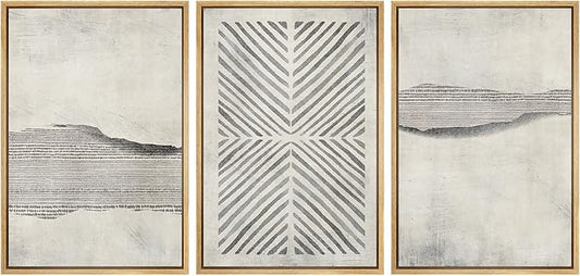 SIGNWIN Framed Canvas Print Wall Art Set Grunge Geometric Line Landscape Abstract Shapes Cozy Neutral Modern Art Decorative Boho Relax/Zen Nordic for Living Room, Bedroom, Office - 24"x36"x3 Natural