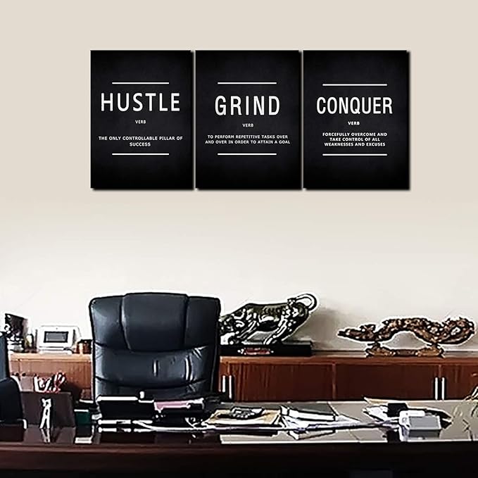 KAWAHONE Grind Hustle Conquer Success Wall Art, Motivation Canvas Wall Decor Framed Inspirational Painting Quotes Positive Poster Wall Hanging Picture for Home Office Workplace - 12" Wx16 Hx3piece