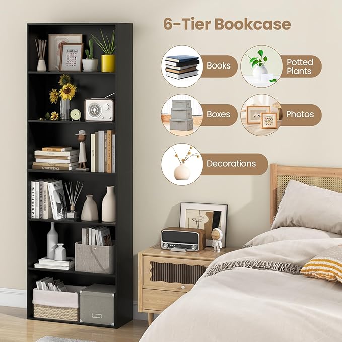 Giantex 6-Tier Bookcases Set of 2, 70" Tall Wooden Bookshelf, Freestanding Storage Organizer w/Open Shelves, Anti-Tipping Kits, Modern Floor Standing Display Shelves for Living Room, Bedroom, Black