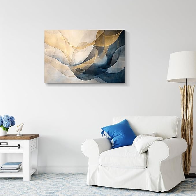 gaosoul Blue Gold Abstract Canvas Wall Art Original Oil Painting Giclee Print of Dynamic Curves Light Blue Champagne Tones with Textured Brushstrokes for Home Office Decor Framed 48x32in