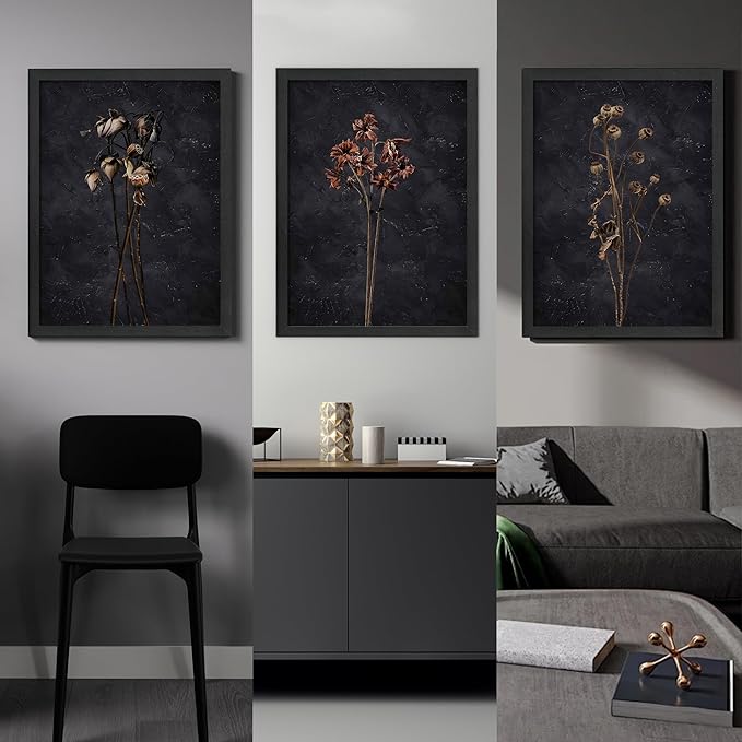 3 Piece Black Framed Dried Flower Wall Art Set Modern Minimalist Wall Decor For Living Room Bedroom Home Decoration Art Prints 12x16 Inches Wood Framed Easy to Hang