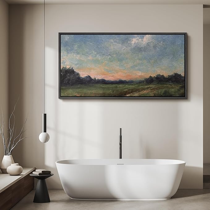 SIGNFORD Extra Large Framed Canvas Quiet Green Field at Dusk Illustrations Modern Art Calm Warm for Living Room, Bedroom, Office - 60"x30"