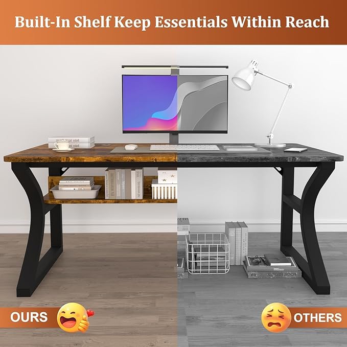Computer Desk, 47'' Home Office Desks with Storage, Computer Desk with Metal Frame for Home Office Bedroom, Study Writing Desk with Shelf, Work Table for Small Spaces, Wood Desks with Cable Management