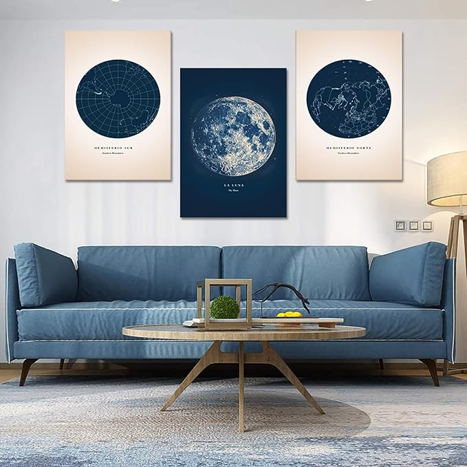 Canvas Wall Art Set Of 3 - Navy Blue Astronomy Prints Star Map Painting Constellation Poster Moon Picture Wall Decor Star Map Artwork for Bedroom Living Room Home Office Decor, Framed 20"x28"x3Pcs