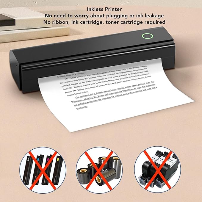 Hilitand Portable Inkless Printer, Compact Cordless Thermal Printer with USB Connection 203DPI Accuracy Inkless Thermal Printing for Home Travel Office Use
