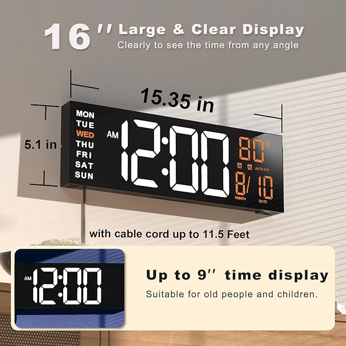 JALL 16" Large Digital Wall Mount Clock, Count Down Timer, Alarm, Big LED, RGB Color, DST, Temperature for Living Room Classroom Desk, Xmas, Birthday Gift for Senior Mom Dad (White Orange, 16 inches)