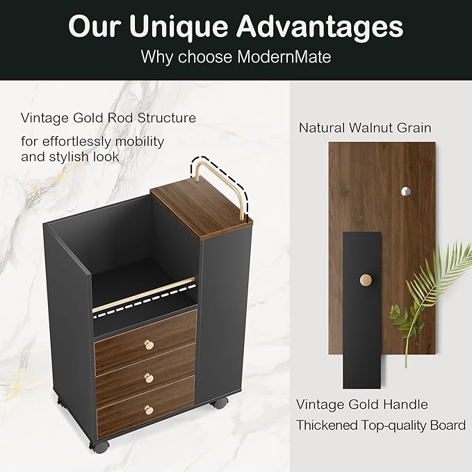 3 Drawer Mobile File Cabinet, Wood Rolling Filing Cabinet with Lockable Wheels, Utility Cart with Open Storage Shelves Home Office Fits A4/Legal, 19.7" x 11.8" x 26.3", Black Walnut