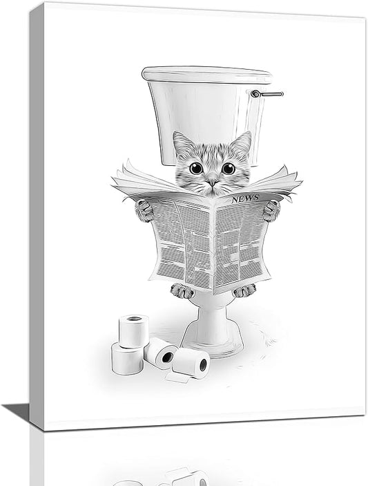 yerretin Funny Cat Bathroom Wall Art Black and White Cat Pictures Wall Decor Animal Bathroom Canvas Painting Modern Artwork Home Decorations Framed Ready to Hang 12"x16"