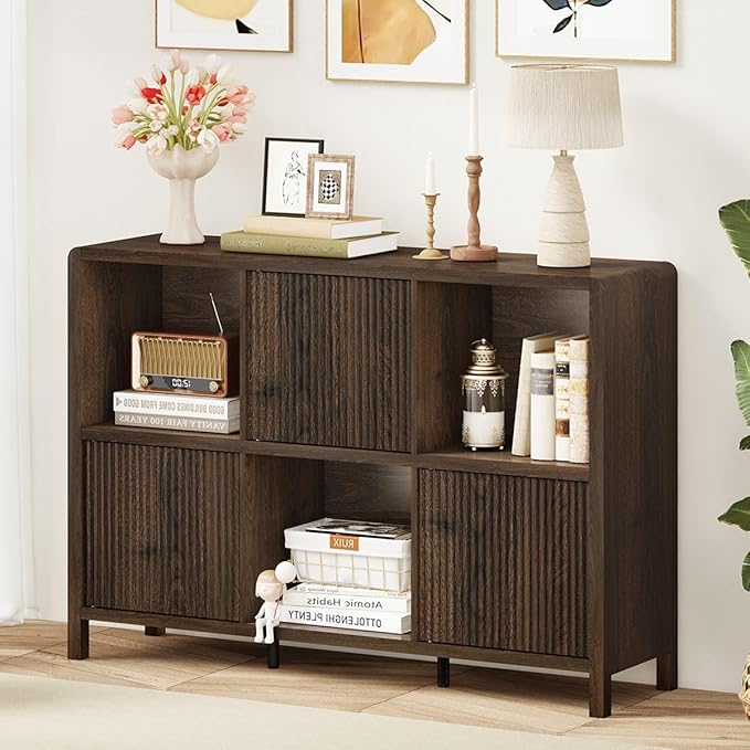 FATORRI 6 Cube Storage Organizer Book Shelf, Horizontal Bookshelf with 3 Doors, 3 Tier Wooden Bookcase for Living Room, Home Office (Dark Walnut)