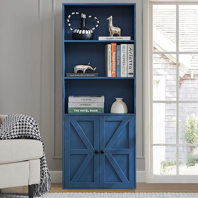 Blue 5-Tier Bookshelves for Living Room, Farmhouse Tall Bookcase with Doors, Wooden Bookshelf with Storage Cabinet and Shelves for Living Room, Home Office