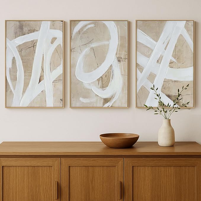 Zessonic Neutral Abstract Wall Art Minimalist White Brown Pastel Paint Strokes Shapes Textured Framed Wall Decor Artwork Canvas Paintings- Living Room Bedroom Office Modern Neutral 16"x24" 3 piece