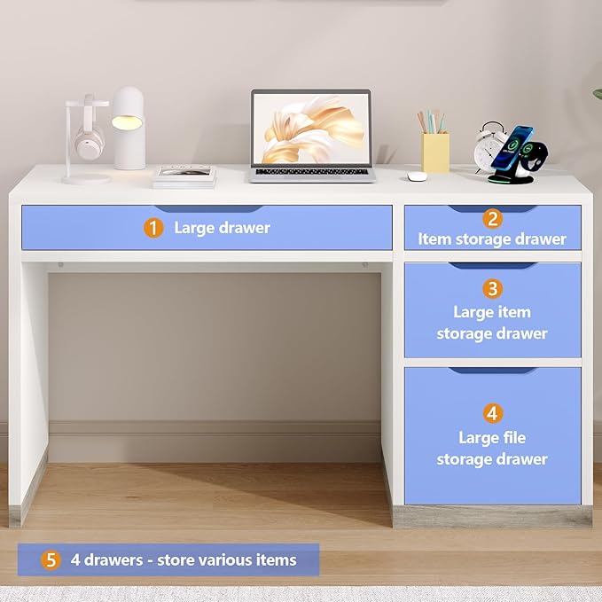 52 Inch White Desk with Drawers, Modern Home Office Desk with Storage for Bedroom, Study Desk with Storage File Drawer for Small Space