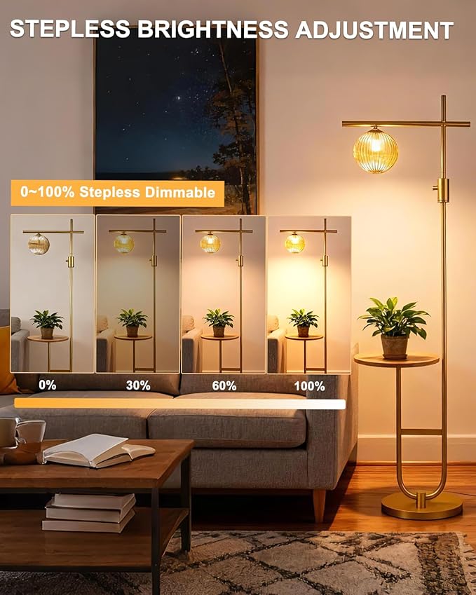 Lightdot 66IN Gold Dimmable Floor Lamps with Table, Modern Standing Tall Lamp with Brown Globe Glass Shade, Cross-Shaped Head and U-Pole Base for Living Room/Sofa Beside/Corner Decor(Bulb Included)