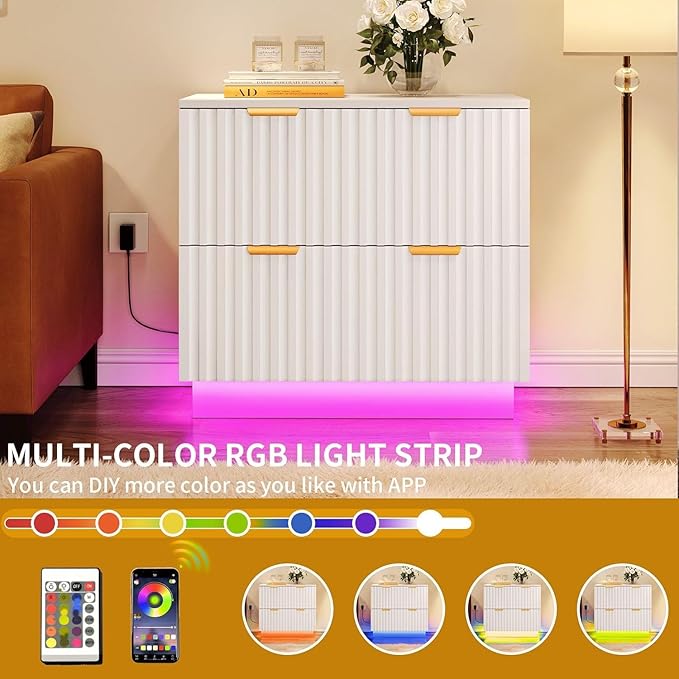 DWVO 2 Drawers File Cabinet with Led Light, Filing Cabinet Large Lateral File Cabinets for Home Office, White