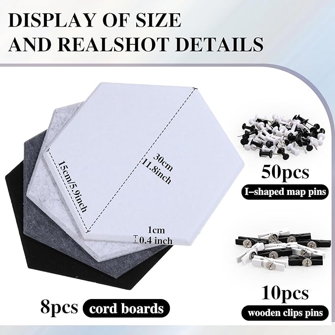 8 Pcs 12" Large Hexagon Felt Cork Bulletin Board Tiles Self Adhesive DIY Pin Board with 50 Push Pins and 10 Colored Clips, Wall Decor for Office Home Kitchen Photos Memos(Black White)